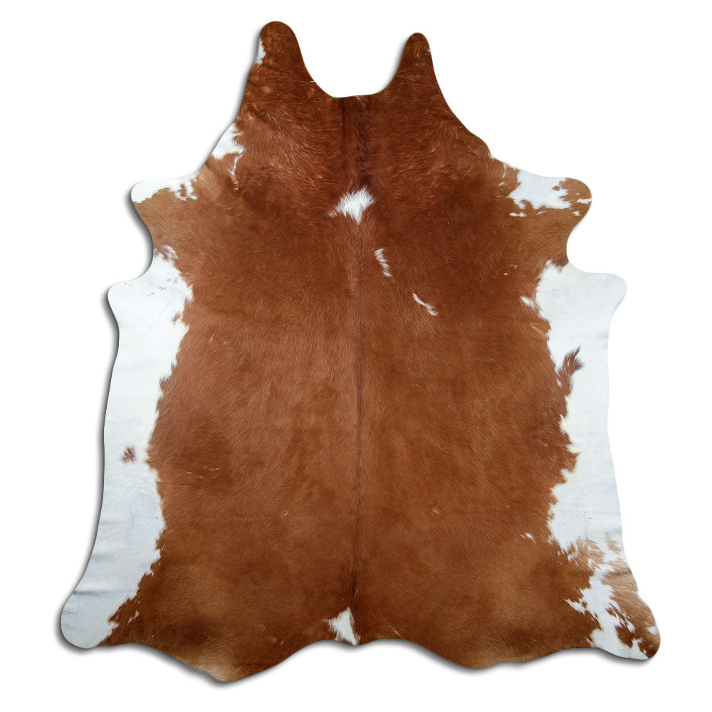 Braun-weißes Kuhfell, ca. 240 × 220 cm, von oben fotografiert: genau das Fell, das Sie erhalten