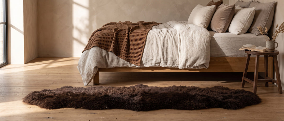 Brauner Schaffell-Teppich neben einem Bett